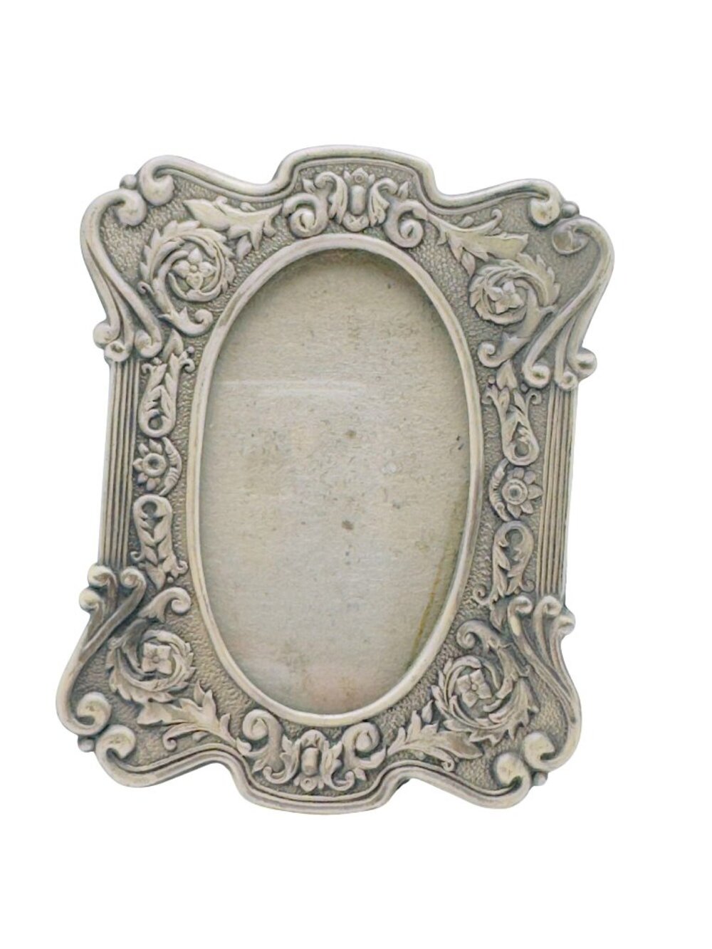 Pewter Oval Frame Floral Art Victorian Easel Back High-Relief Scrollwork 3.5 Vtg